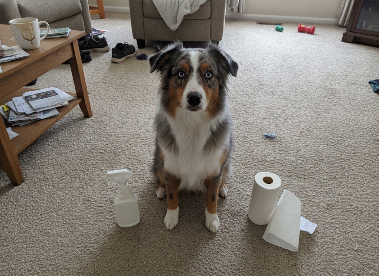 Australian Shepherd sitting on carpet next to pet stain remover