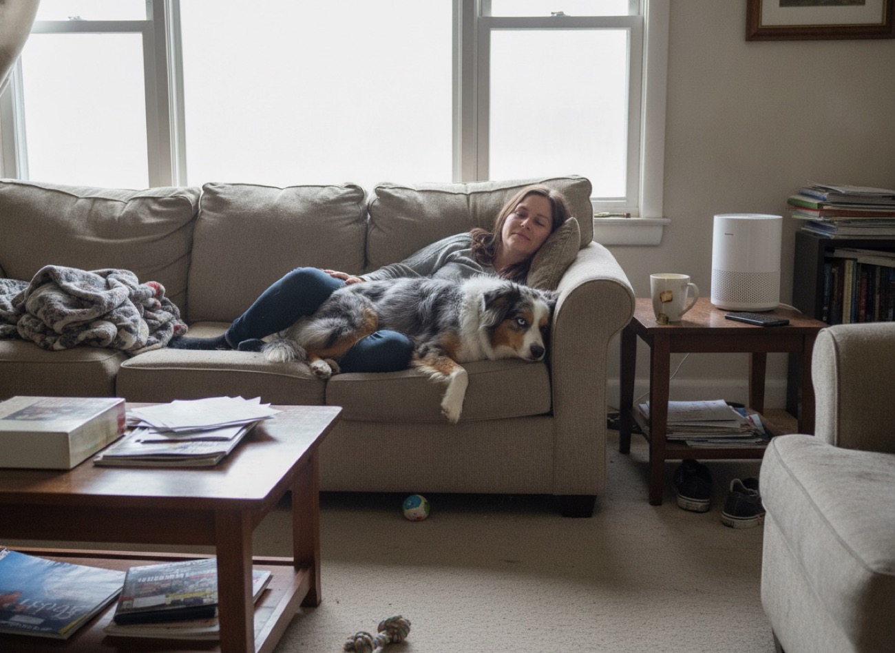 Woman relaxing with Aussie and air purifier running